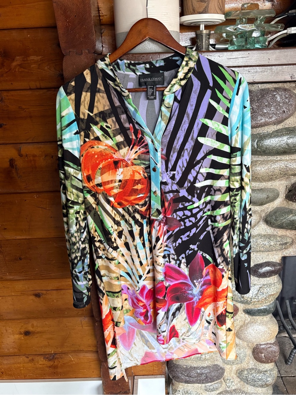 Frank Lyman Tropical Floral Asymmetrical Hem Tunic Top / Dress Made in Canada